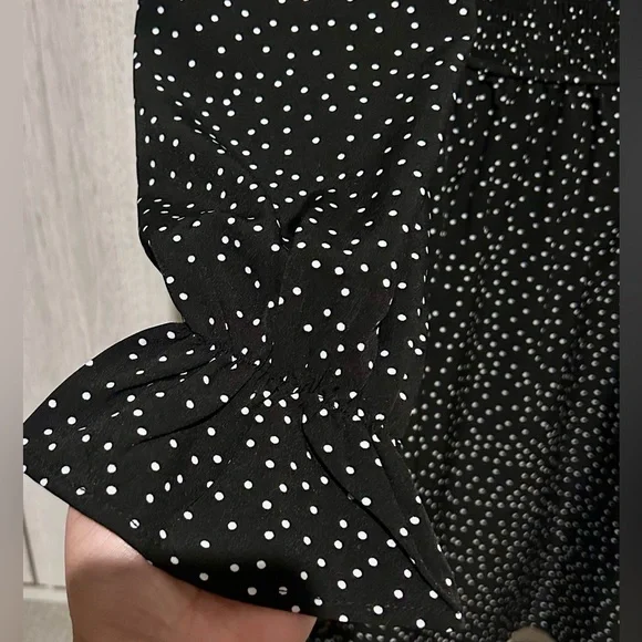 Womens Polka Dot Long Sleeve High Waist Smocked Ruffle Swing Short Dress - L - Picture 4 of 5